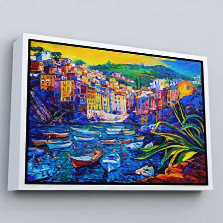 Kahverengi Çerçeveli Sahilde TeknelerYağlıboya Görünüm Dekoratif Kanvas Duvar Tablosu