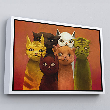 Siyah Çerçeveli Soyut Kediler Yağlıboya Görünüm Dekoratif Kanvas Duvar Tablosu