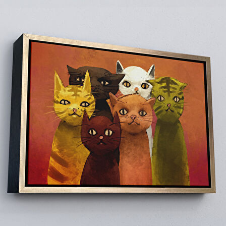 Siyah Çerçeveli Soyut Kediler Yağlıboya Görünüm Dekoratif Kanvas Duvar Tablosu