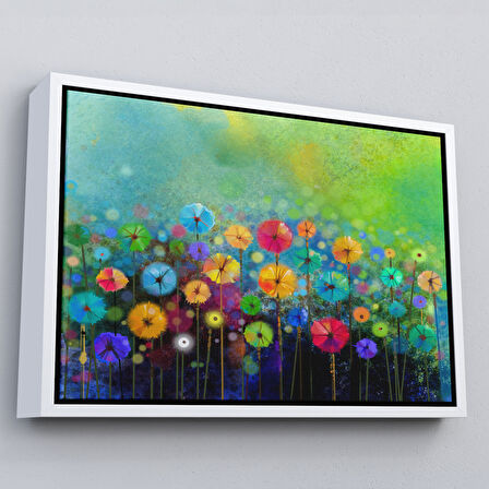 Siyah Çerçeveli Soyut Çiçekler Suluboya Görünüm Dekoratif Kanvas Duvar Tablosu