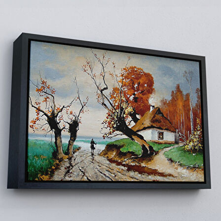 Siyah Çerçeveli Sonbahar Köy Manzarası Dekoratif Duvar Tablosu
