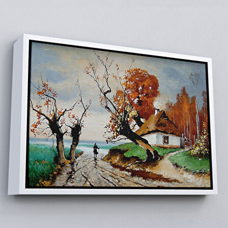 Siyah Çerçeveli Sonbahar Köy Manzarası Dekoratif Duvar Tablosu