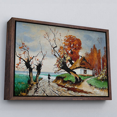 Siyah Çerçeveli Sonbahar Köy Manzarası Dekoratif Duvar Tablosu