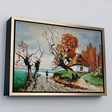 Siyah Çerçeveli Sonbahar Köy Manzarası Dekoratif Duvar Tablosu