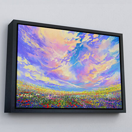 Altın Çerçeveli Renkli Bulutlar Yağlıboya Görünüm Dekoratif Kanvas Duvar Tablosu