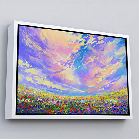 Altın Çerçeveli Renkli Bulutlar Yağlıboya Görünüm Dekoratif Kanvas Duvar Tablosu