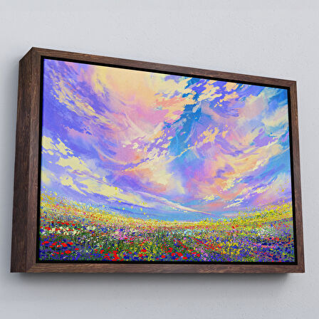 Altın Çerçeveli Renkli Bulutlar Yağlıboya Görünüm Dekoratif Kanvas Duvar Tablosu