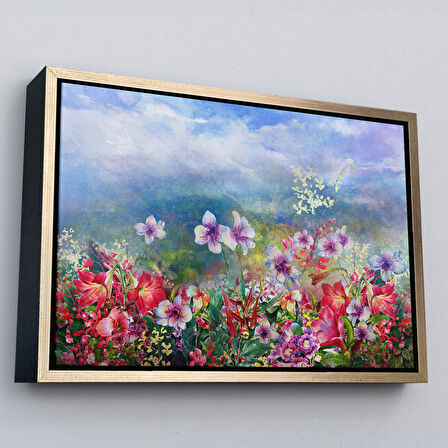 Altın Çerçeveli Renkli Çiçekler Suluboya Görünüm Dekoratif Kanvas Duvar Tablosu