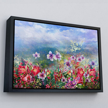 Altın Çerçeveli Renkli Çiçekler Suluboya Görünüm Dekoratif Kanvas Duvar Tablosu