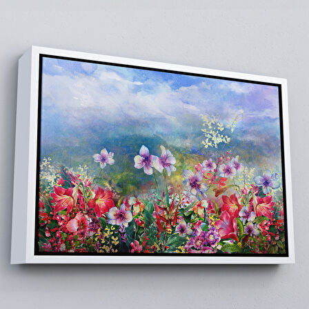 Altın Çerçeveli Renkli Çiçekler Suluboya Görünüm Dekoratif Kanvas Duvar Tablosu