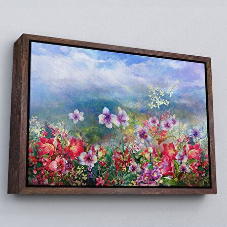 Altın Çerçeveli Renkli Çiçekler Suluboya Görünüm Dekoratif Kanvas Duvar Tablosu