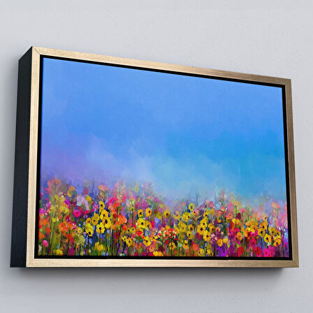 Kahverengi Çerçeveli Renkli Çiçekler Salon Dekoratif Kanvas Duvar Tablosu