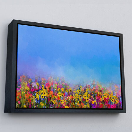 Kahverengi Çerçeveli Renkli Çiçekler Salon Dekoratif Kanvas Duvar Tablosu