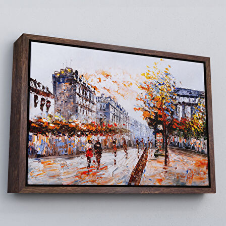 Beyaz Çerçeveli Paris Sokakları Yağlıboya Görünüm Dekoratif Kanvas Duvar Tablosu