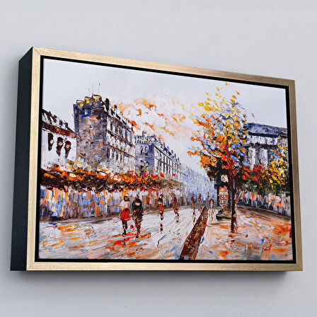 Beyaz Çerçeveli Paris Sokakları Yağlıboya Görünüm Dekoratif Kanvas Duvar Tablosu