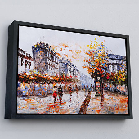 Beyaz Çerçeveli Paris Sokakları Yağlıboya Görünüm Dekoratif Kanvas Duvar Tablosu