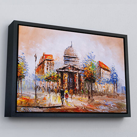 Beyaz Çerçeveli Paris Sokakları Yağlıboya Görünüm Dekoratif Kanvas Duvar Tablosu