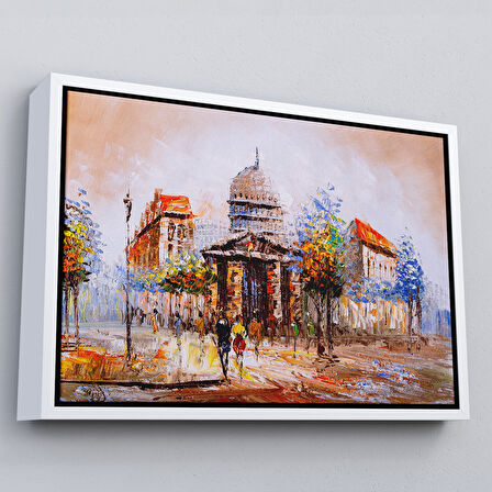 Kahverengi Çerçeveli Paris Sokakları Yağlıboya Görünüm Dekoratif Kanvas Duvar Tablosu