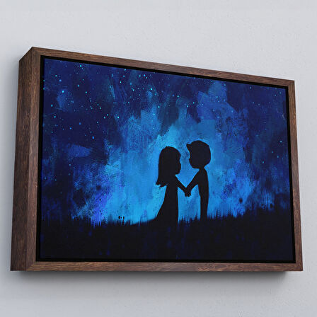 Kahverengi Çerçeveli Ay Işığındakı Küçük Aşıklar Dekoratif Duvar Tablosu