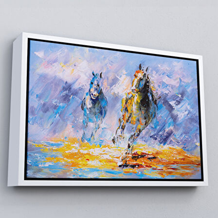 Siyah Çerçeveli Koşan Atlar Yağlıboya Görünüm Dekoratif Kanvas Duvar Tablosu