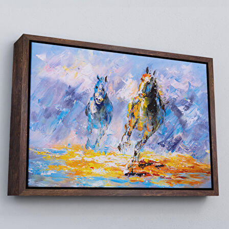 Siyah Çerçeveli Koşan Atlar Yağlıboya Görünüm Dekoratif Kanvas Duvar Tablosu