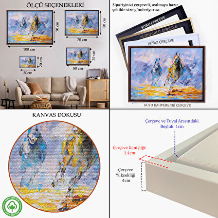 Siyah Çerçeveli Koşan Atlar Yağlıboya Görünüm Dekoratif Kanvas Duvar Tablosu