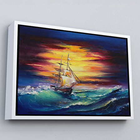 Siyah Çerçeveli Büyük Dalgalı Okyanusdaki Yelkenli Duvar Tablosu