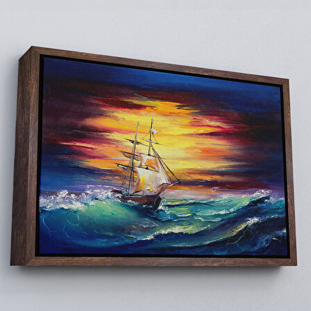 Siyah Çerçeveli Büyük Dalgalı Okyanusdaki Yelkenli Duvar Tablosu