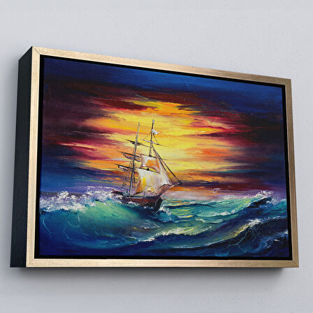Siyah Çerçeveli Büyük Dalgalı Okyanusdaki Yelkenli Duvar Tablosu