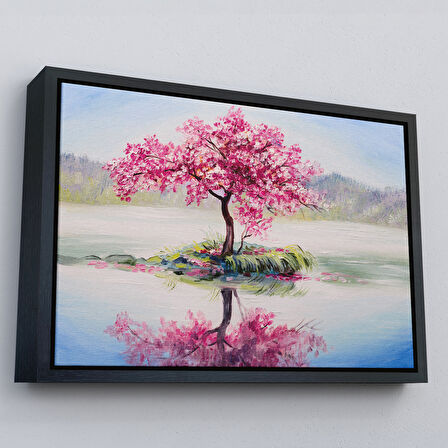 Altın Çerçeveli Gölde Sakura Ağacı Yağlıboya Görünüm Kanvas Duvar Tablosu