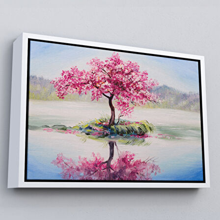 Altın Çerçeveli Gölde Sakura Ağacı Yağlıboya Görünüm Kanvas Duvar Tablosu