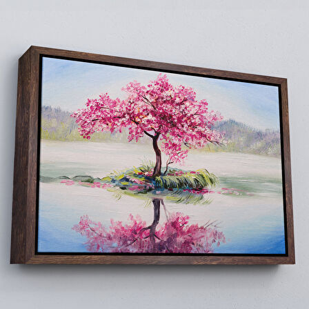 Altın Çerçeveli Gölde Sakura Ağacı Yağlıboya Görünüm Kanvas Duvar Tablosu
