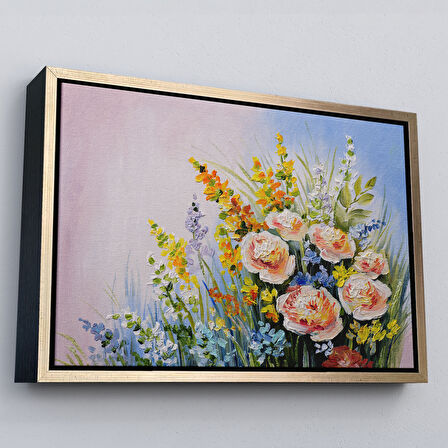 Altın Çerçeveli Soyut Yaz Çiçekleri Yağlıboya Görünüm Dekoratif Kanvas Duvar Tablosu