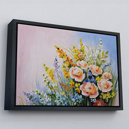 Kahverengi Çerçeveli Soyut Yaz Çiçekleri Yağlıboya Görünüm Dekoratif Kanvas Duvar Tablosu