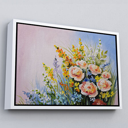 Kahverengi Çerçeveli Soyut Yaz Çiçekleri Yağlıboya Görünüm Dekoratif Kanvas Duvar Tablosu