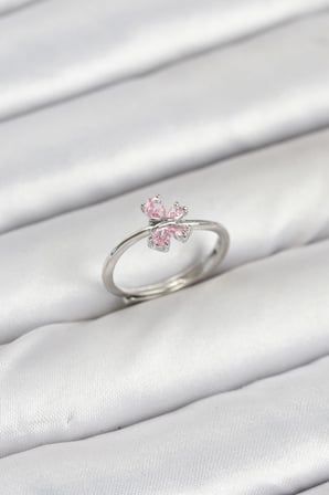 Pirinç Gümüş Renk Pembe Kelebek Kadın Yüzük 5886