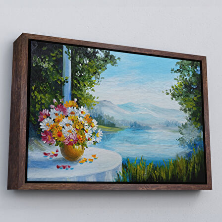 Beyaz Çerçeveli Yaz Deniz Manzarası Yağlıboya Görünüm Dekoratif Kanvas Duvar Tablosu