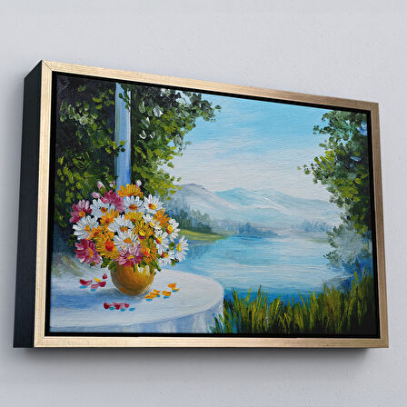 Beyaz Çerçeveli Yaz Deniz Manzarası Yağlıboya Görünüm Dekoratif Kanvas Duvar Tablosu