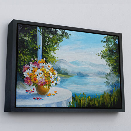 Beyaz Çerçeveli Yaz Deniz Manzarası Yağlıboya Görünüm Dekoratif Kanvas Duvar Tablosu