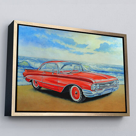 Beyaz Çerçeveli Kızmızı Retro Araba Yağlıboya Görünüm Dekoratif Kanvas Duvar Tablosu