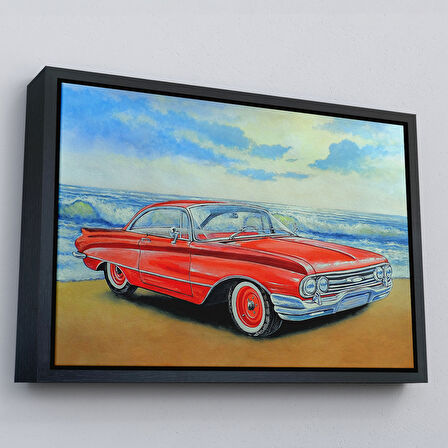 Kahverengi Çerçeveli Kızmızı Retro Araba Yağlıboya Görünüm Dekoratif Kanvas Duvar Tablosu