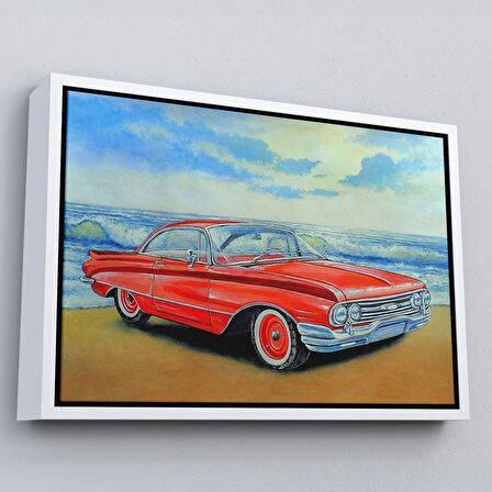 Kahverengi Çerçeveli Kızmızı Retro Araba Yağlıboya Görünüm Dekoratif Kanvas Duvar Tablosu