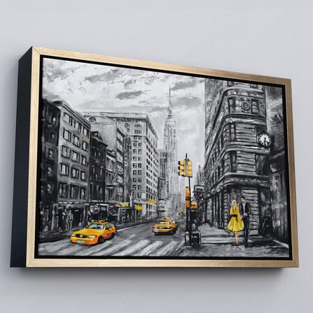 Altın Çerçeveli New York Sokakları Ve Sarı Taksi Yağlıboya Görünüm Tablo