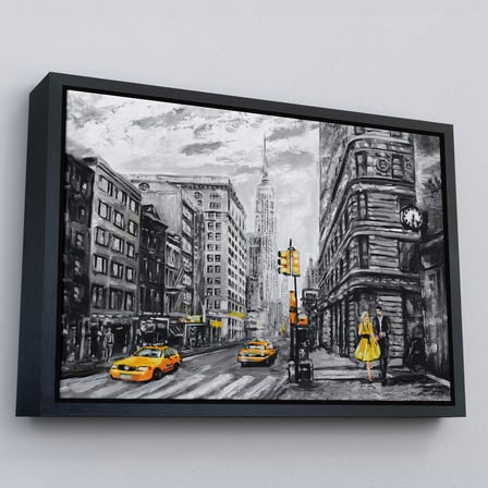 Altın Çerçeveli New York Sokakları Ve Sarı Taksi Yağlıboya Görünüm Tablo