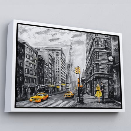 Altın Çerçeveli New York Sokakları Ve Sarı Taksi Yağlıboya Görünüm Tablo