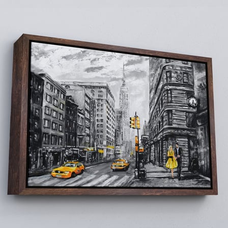Altın Çerçeveli New York Sokakları Ve Sarı Taksi Yağlıboya Görünüm Tablo