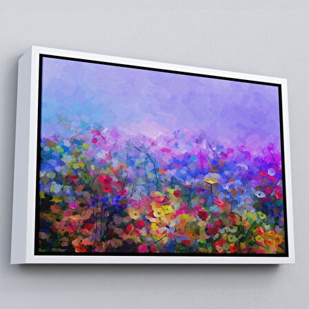 Siyah Çerçeveli Kır Çiçekleri Yağlıboya Görünüm Dekoratif Kanvas Duvar Tablosu