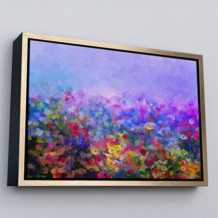 Siyah Çerçeveli Kır Çiçekleri Yağlıboya Görünüm Dekoratif Kanvas Duvar Tablosu