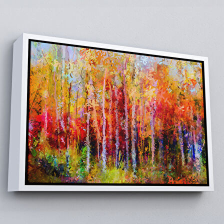 Kahverengi Çerçeveli Son Bahar Ağaçları Yağlıboya Görünüm Dekoratif Kanvas Duvar Tablosu