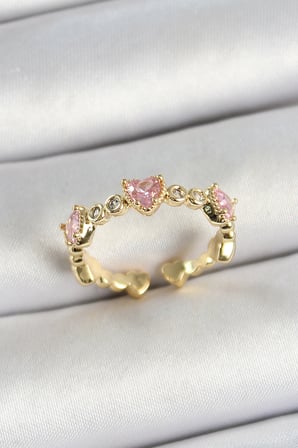 Pirinç Sıralı Kalp Figürlü Zirkon Taşlı Gold Renk Ayarlanabilir Kadın Yüzük 5886
